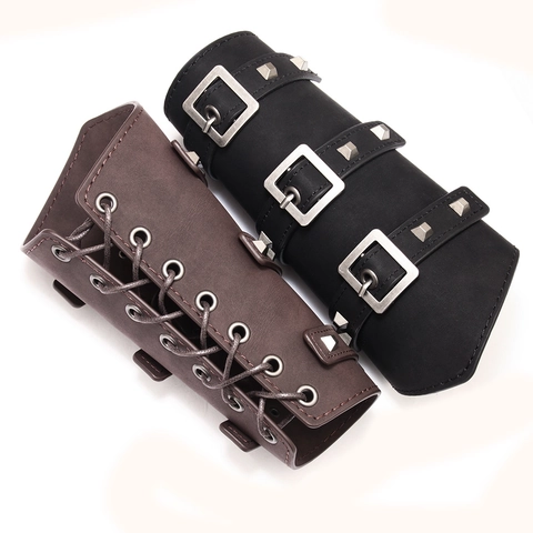 Medieval Leather Bracer Arm Guard Retro Gauntlet Wristband With Metal Buckles And Rivets For Cosplay LARP Punk Style