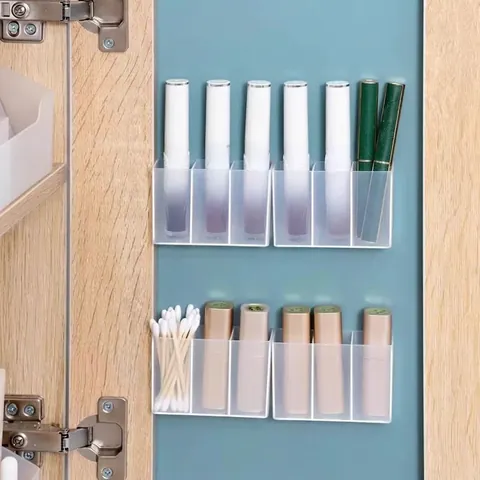 Wall Mounted Transparent Plastic Divided Storage Box For Lipstick Makeup Brushes Bathroom Mirror Cabinet Adhesive Organizer