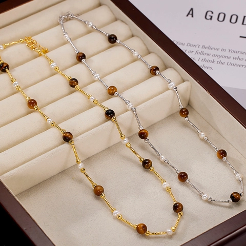 French Maillard Style 925 Sterling Silver Tiger Eye Stone Artificial Pearl Necklace Elegant Clavicle Chain Jewelry For Women