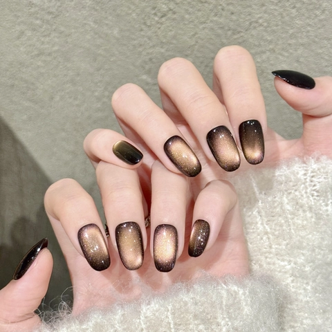 Handgefertigte Cat Eye Press On Nägel Verlauf Braun Glitzer Vintage Schimmer Kurze Ovale Form Für Frauen