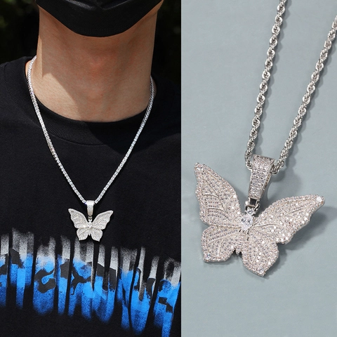 Collana Con Ciondolo A Farfalla Bling Zirconia Cubica Iced Out Gioielli In Rame Hip Hop Streetwear Per Donna Uomo Catena A Corda
