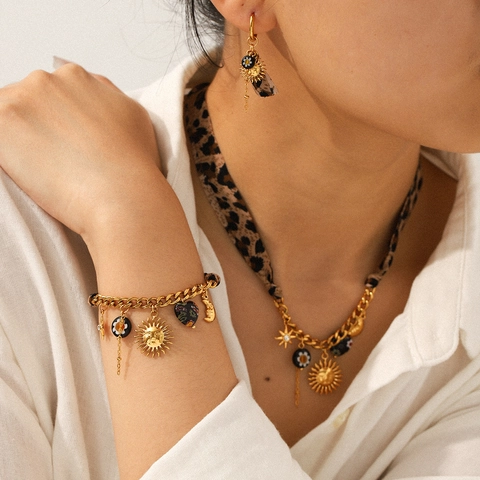 Collana Bracciale Orecchini Acciaio Inossidabile Tessuto Leopardo Ciondoli Sole Luna Stella Catena Cubana