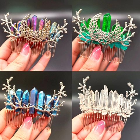 Natural Crystal Hair Comb With Alloy Crescent Moon And Tree Branch Decoration Handmade Celestial Fairy Wedding Headpiece