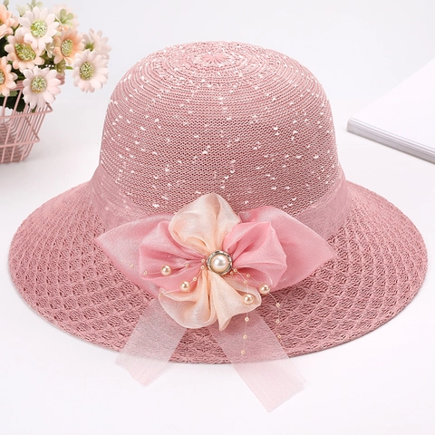 Damen Baumwollstrick Faltbarer Sonnenhut Eleganter Perlenblumen Dekor Breiter Krempe Strand UV-Schutz Sommer Strohstil Reisekappe