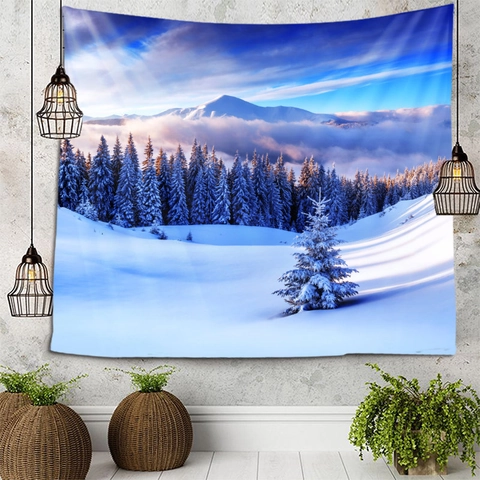 Tapiz De Paisaje De Bosque De Montaña De Nieve De Invierno Poliéster Impresión Digital HD Decoración De Pared Para Dormitorio Salón