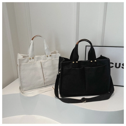 Bolso Tote Grande De Lona Para Mujer Bolso De Mano Casual Con Bolsillos Delanteros Correa Ajustable Urbano