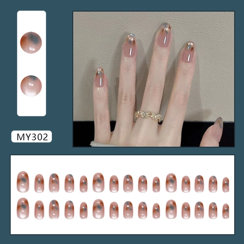 Brown Blue Amber Cat Eye Smudge Press On Nails Oval Artificial False Nails ABS Plastic Vintage Style For Women