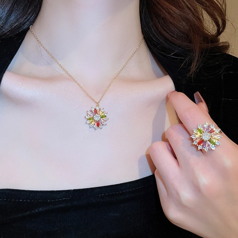 Colorful Zircon Flower Necklace And Earrings For Women With 925 Sterling Silver Earring Post Copper Gold Plated Vintage Luxury