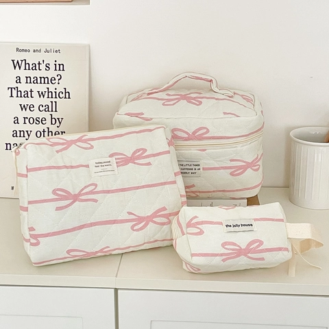 Borsa Trucco Trapuntata Motivo Fiocco Rosa Beauty Case Portatile Grande Capacità Organizer Da Viaggio Dolce