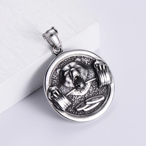 Fitness Weightlifting Bear Pendant Necklace 304 Stainless Steel No Pain No Gain Barbell Relief Retro Hip Hop Jewelry Men