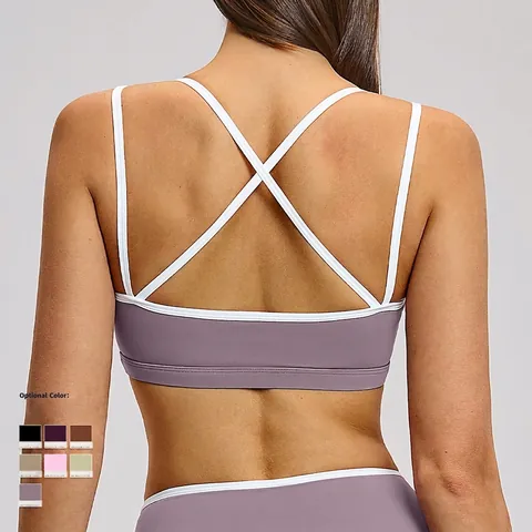 Damen Sport BH Und Leggings Kontrastbindung Kreuzrücken Herausnehmbare Polster Schnelltrocknend Yoga Fitness Nahtlos
