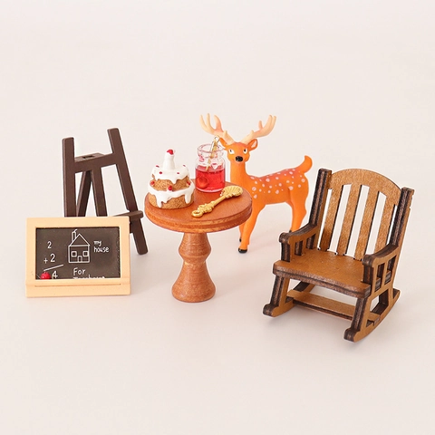 Muebles Miniatura Casa De Muñecas Madera Resina Silla Mecedora Mesa Pizarra Modelo Ciervo Pastel Decoración DIY
