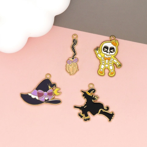 Halloween Charms Alloy Enamel Witch Hat Broom Skull For DIY Jewelry Making Pendants Accessories Cartoon Cute