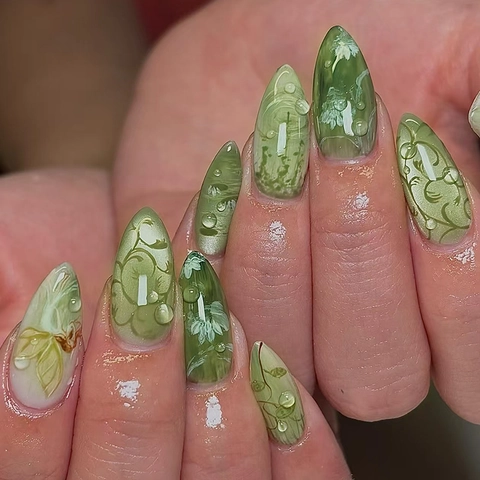Press On Nails Green White Floral Vine 3D Water Drops Cat Eye Glossy Almond Shape Long Artificial False Finger Nails