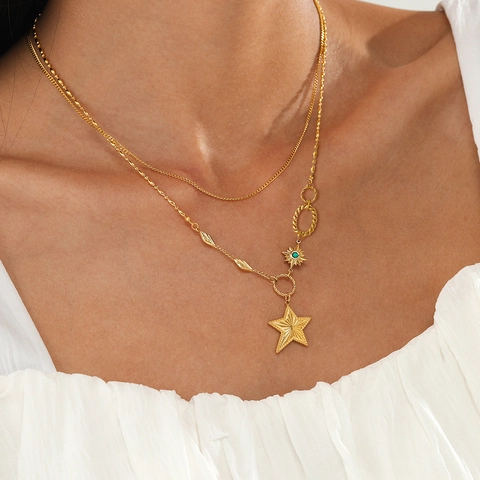 Fashion Double Layer Stainless Steel Star Pendant Necklace For Women 14K Gold Plated Geometric Clavicle Chain Jewelry
