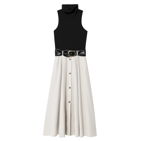 Vestido Midi Sin Mangas Con Cuello Alto Y Cinturón Elegante Ajuste Estrecho Oficina Mujer Mezcla Poliéster Botones