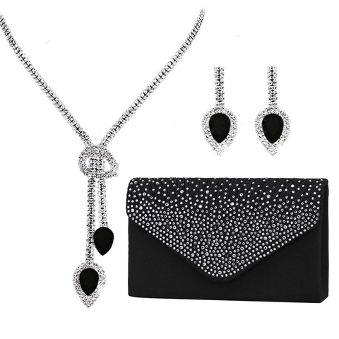 Collana Orecchini Con Strass Goccia Acqua E Pochette In Raso Per Festa Banchetto Accessorio Elegante Per Donna