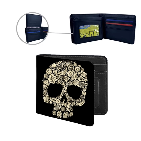 Cartera Bifold Para Hombre Cuero PU Corta Ranuras Para Tarjetas Ventana ID Patrón Calavera Impreso Moda Informal