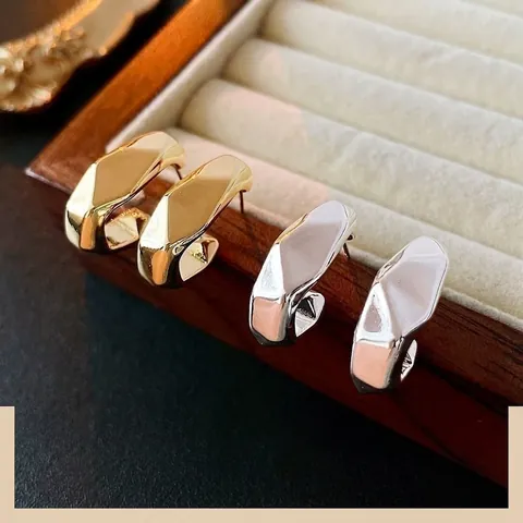 Geometric C Shape Stud Earrings With 925 Sterling Silver Earring Post Gold Plated Irregular Textured Minimalist Fashion
