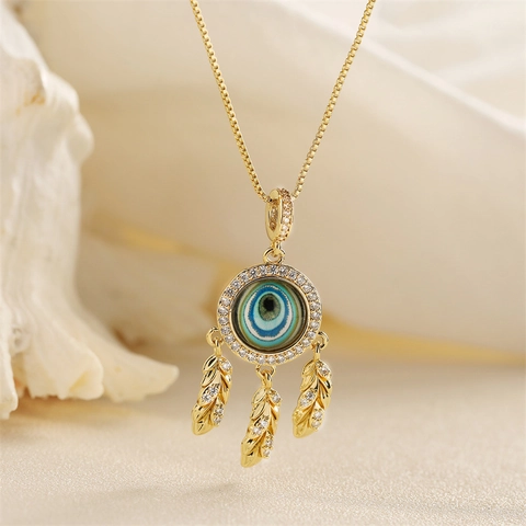 Collana Con Ciondolo Malocchio Rame Micro Intarsio Zircone Acchiappasogni Piuma Ciondoli Gioielli Vintage Per Donne