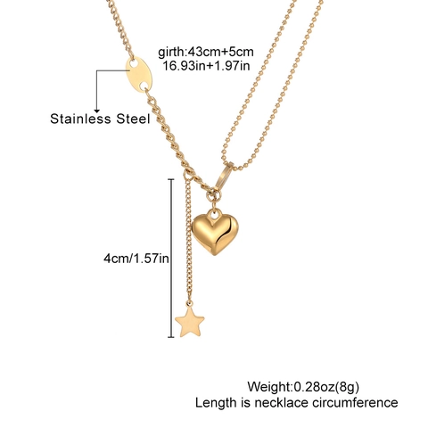 Collier Pendentif Cœur En Acier Inoxydable Plaqué Or Chaîne Double Asymétrique Charme Étoile Bijoux Minimalistes Femmes