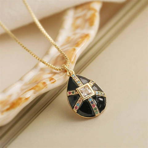 Vintage Copper Pendant Necklace Black Enamel Evil Eye Heart Star Multi Color Cubic Zirconia Jewelry For Women