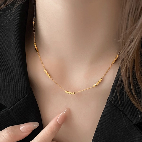 Vintage Stainless Steel Necklace Gold Geometric Square Beads Minimalist Adjustable Clavicle Neck Chain For Women