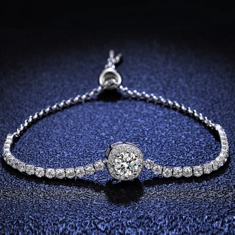 Verstellbares 925 Sterlingsilber Moissanit Armband Rundschliff Halo Zirkonia Tenniskette Damen Eleganter Hochzeitsschmuck