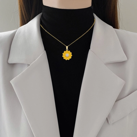 Sunflower Necklace And Earrings Jewelry Set Stainless Steel Chain Copper Rhinestone Yellow Floral For Women Elegant