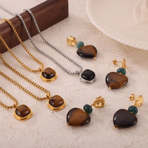 British Vintage Titanium Steel Jewelry Set Square Tiger Eye Pendant Necklace Heart Black Onyx Earrings For Women Men Gift
