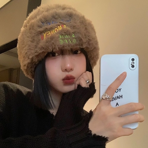 Women Fuzzy Faux Fur Knitted Beanie Hat Thickened Warm Winter Plush Cap Embroidery Bear Ears Soft Windproof Casual Outdoor