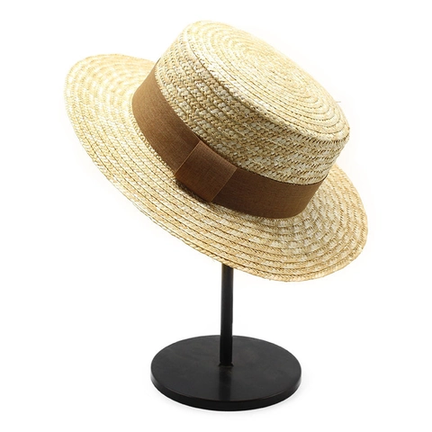 Sombrero Canotier De Paja De Trigo Vintage Con Tapa Plana Y Cinta Marrón Protección Solar Playa Verano Transpirable Para Mujer