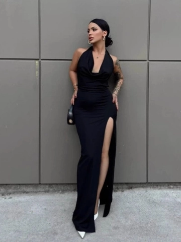 Halter Maxi Jurk Met Diepe V-Hals Rugloos Hoge Split Slanke Pasvorm Elegante Avondjurk Voor Dames