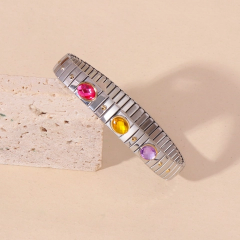 Stainless Steel Stretch Bangle Bracelet Colorful Oval Gemstone Inlaid Gold Plated Vintage Retro Fashion Jewelry For Women