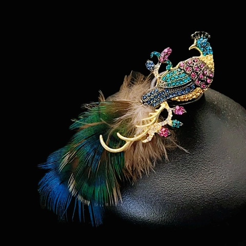 Elegante Spilla A Pavone Da Donna Con Piuma Naturale E Strass Multicolore Accessorio Di Gioielleria In Lega Vintage