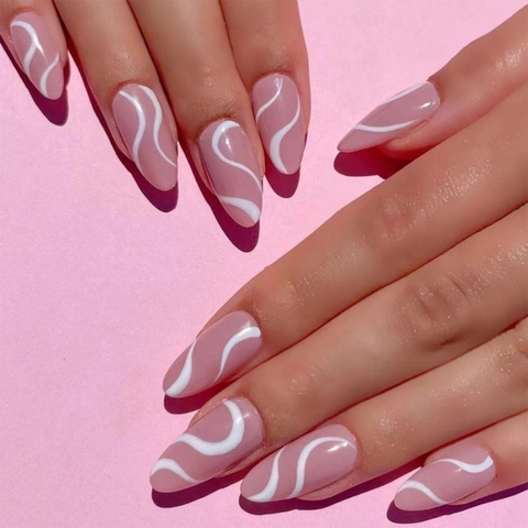 Rosa Künstliche Fingernägel Zum Aufkleben Minimalistischer Französischer Stil Mandelform Weißes Wellenmuster Kunstnägel Für Frauen