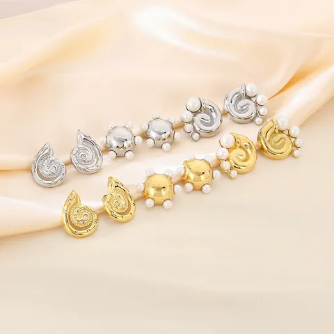 Spiral Vortex Artificial Pearl Stud Earrings Vintage Geometric 18K Gold Plated Stainless Steel Rhinestone Jewelry For Women