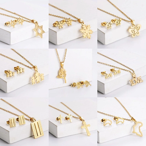 Stainless Steel Necklace And Earrings Jewelry For Women 18K Gold Plated Butterfly Heart Geometric Elegant Fashion Accessories