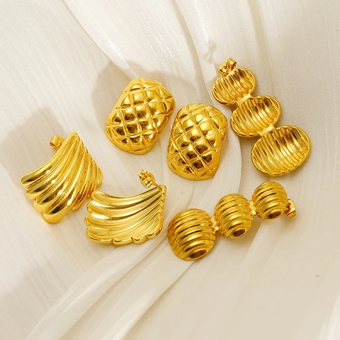 Geometric Stud Earrings 18K Gold Plated 304 Stainless Steel Waterproof Hypoallergenic Rhombus Striped Fan Shape For Women