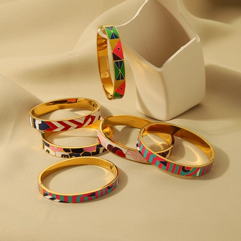Stainless Steel Colorful Enamel Bangle 18K Gold Plated Geometric Stripes Bracelet Retro Fashion Jewelry For Women