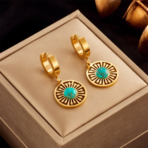 Vintage Hollow Sunburst Drop Earrings Titanium Steel 18K Gold Plated Circle Turquoise Pendant Women Jewelry