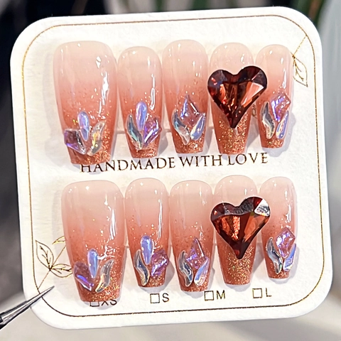 Französisch Verlauf Glitzer Press On Nägel Mit 3D Strass Und Herz Juwel Sarg Lange Künstliche Nägel Für Damen Luxus