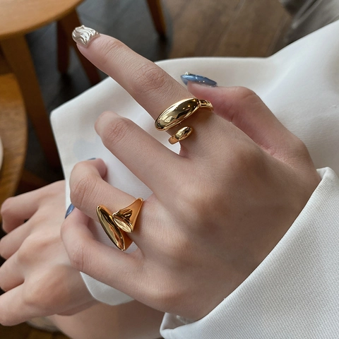 Minimalist Irregular Geometric Liquid Metal Open Rings S925 Sterling Silver Base Gold Plated Adjustable Jewelry For Women