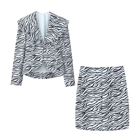 Women Zebra Print Blazer Jacket And Split Skirt Twill Long Sleeve Lapel High Waist Chic Streetwear Polyester Outfit