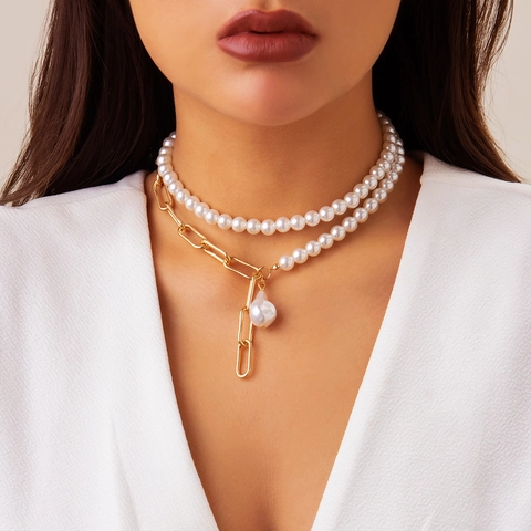 Retro Baroque Artificial Pearl Multilayer Necklace For Women Gold Color Link Chain Heart Coin Pendant Toggle Clasp Choker Jewelry