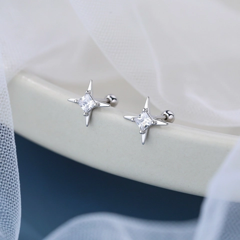 Pendientes de Botón de Estrella de Cuatro Puntas de Plata de Ley 925 Circonia Cuadrada Incrustado Pendientes Mujer Joyería