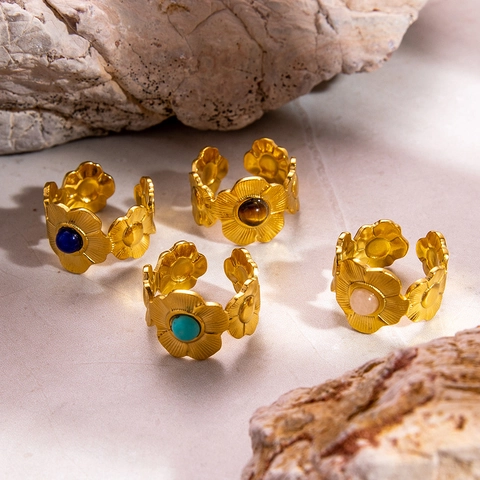 Bague Ajustable Ouverte Fleur Vintage Acier Inoxydable Plaqué Or 18K Pierre Naturelle Turquoise Pour Femmes