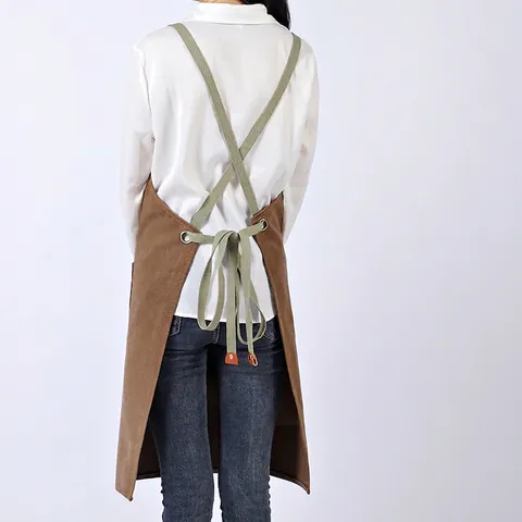 Canvas Denim Work Apron Adjustable Leather Cross Back Straps Multi Pockets Professional For Barista Barber Chef Home