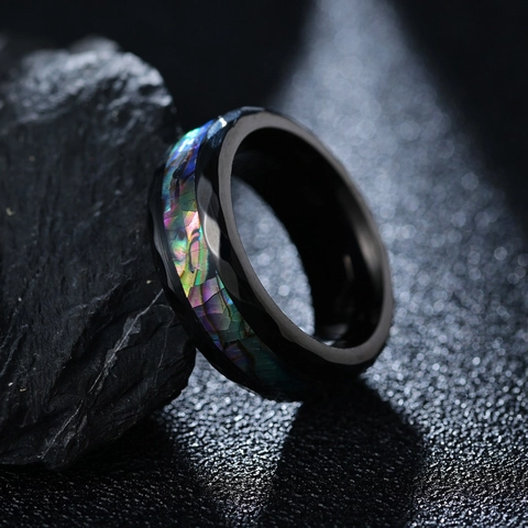 Herren Titanstahl Facettierter Ring Farbige Seeohrschalen-Inlay Galvanisierte Mode Lässig Schmuck Roségold Schwarz Ring