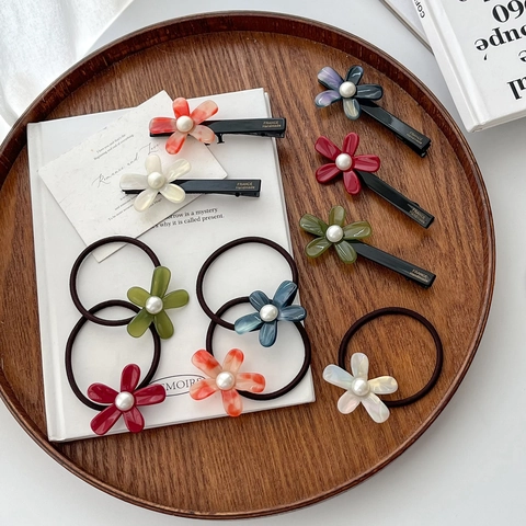 Mollette Per Capelli A Fiore E Elastici Acetato Floreali Fermagli A Becco D'Anatra Eleganti Accessori Capelli Perla Artificial Donna